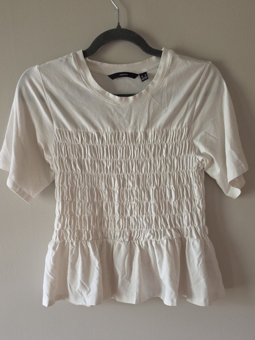 Vero Moda Cream Short Sleeve Smocked Peplum Tee